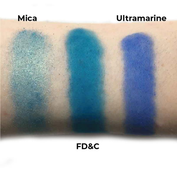 Mica, FD&C & Iron Oxide pigment comparison swatches. Aqua Mica, Blue1 FD&C Dye, Blue Ultramarine Pigment