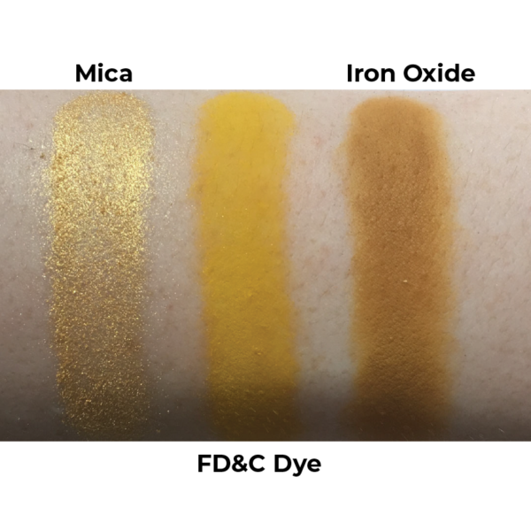 Mica, FD&C & Iron Oxide pigment comparison swatches. Gold Mica, Yellow #5 FD&C, Yellow Iron Oxide